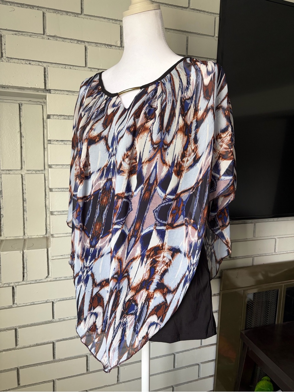 new directions Blue, Navy and Brown Printed Layered Poncho Top